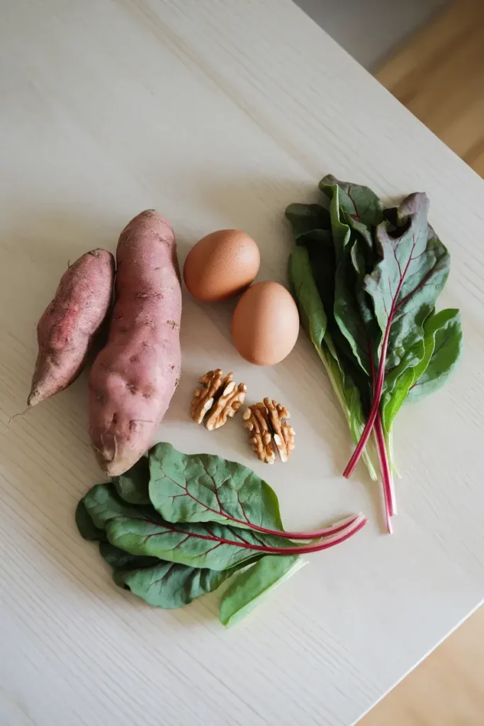 Eggs, nuts, sweet potatoes, and leafy greens