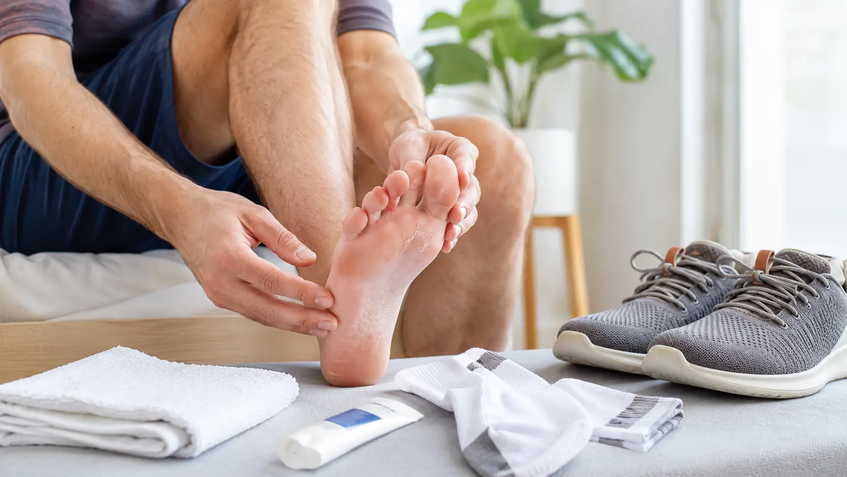 Foot care routine with sneakers and cream