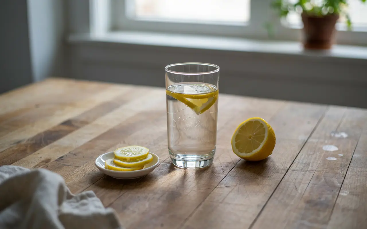 Glass of water with lemon slices, a simple home remedy habit for kidney stone prevention