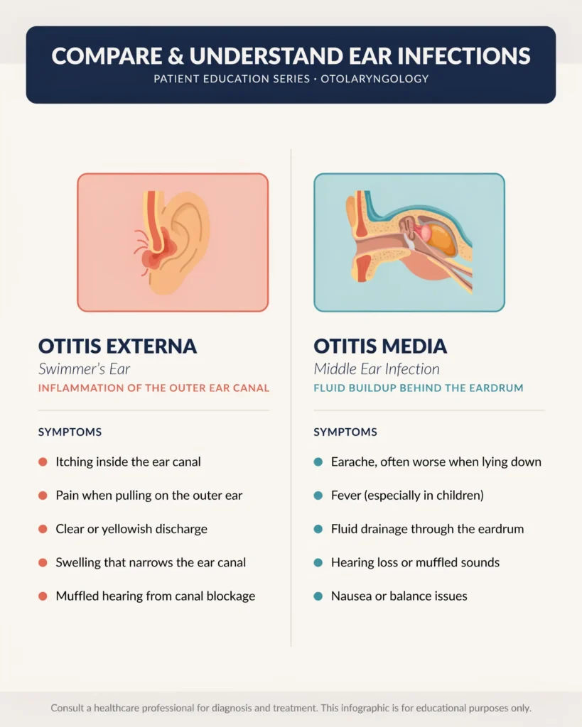 Infographic comparison of otitis externa and otitis media symptoms