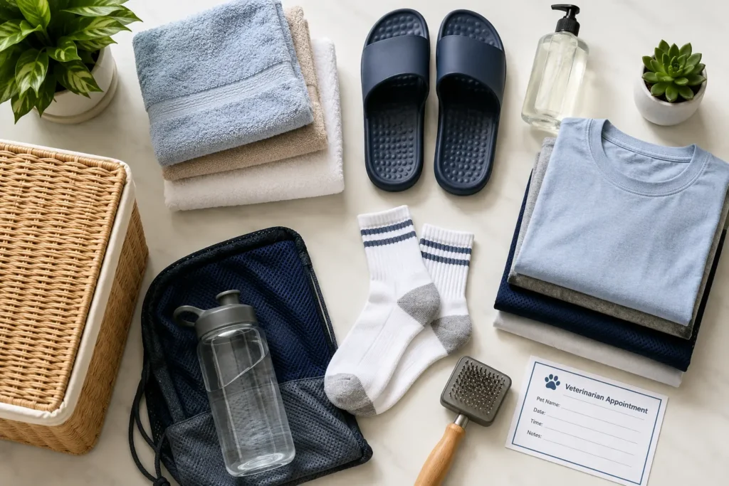 Separate towels, clean clothes, athletic gear, and pet-care items used to help prevent ringworm from spreading.