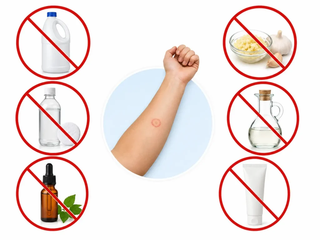 Bleach, alcohol, undiluted oils, garlic, vinegar, and steroid cream marked as unsuitable ringworm home remedies.