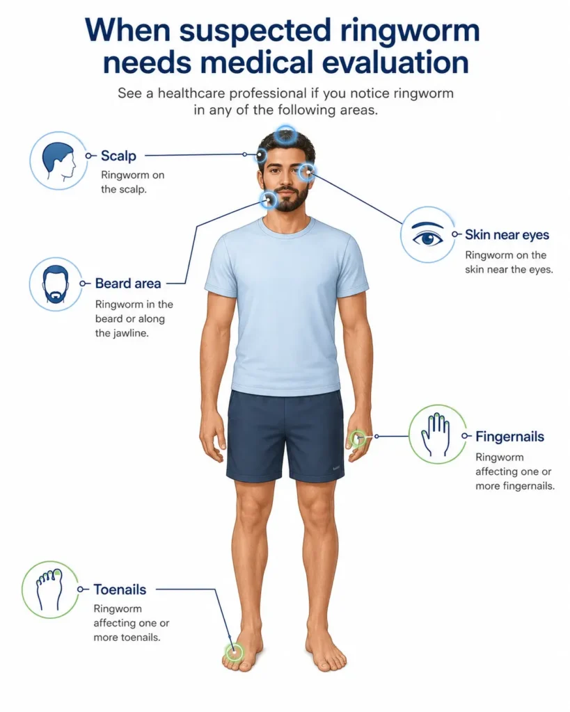Body diagram highlighting the scalp, beard, nails, and eye area as ringworm locations requiring medical advice.