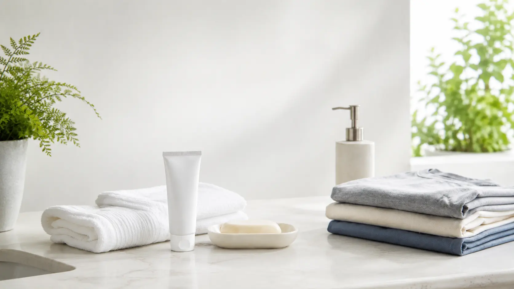 Unbranded antifungal cream and clean personal-care items arranged for at-home ringworm treatment.