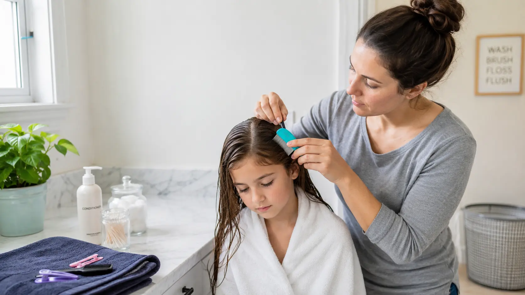 Woman Combing Girl’s Wet Hair