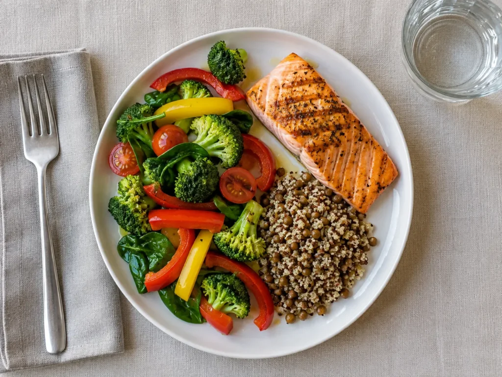 Balanced plate with vegetables, salmon, quinoa, and lentils.