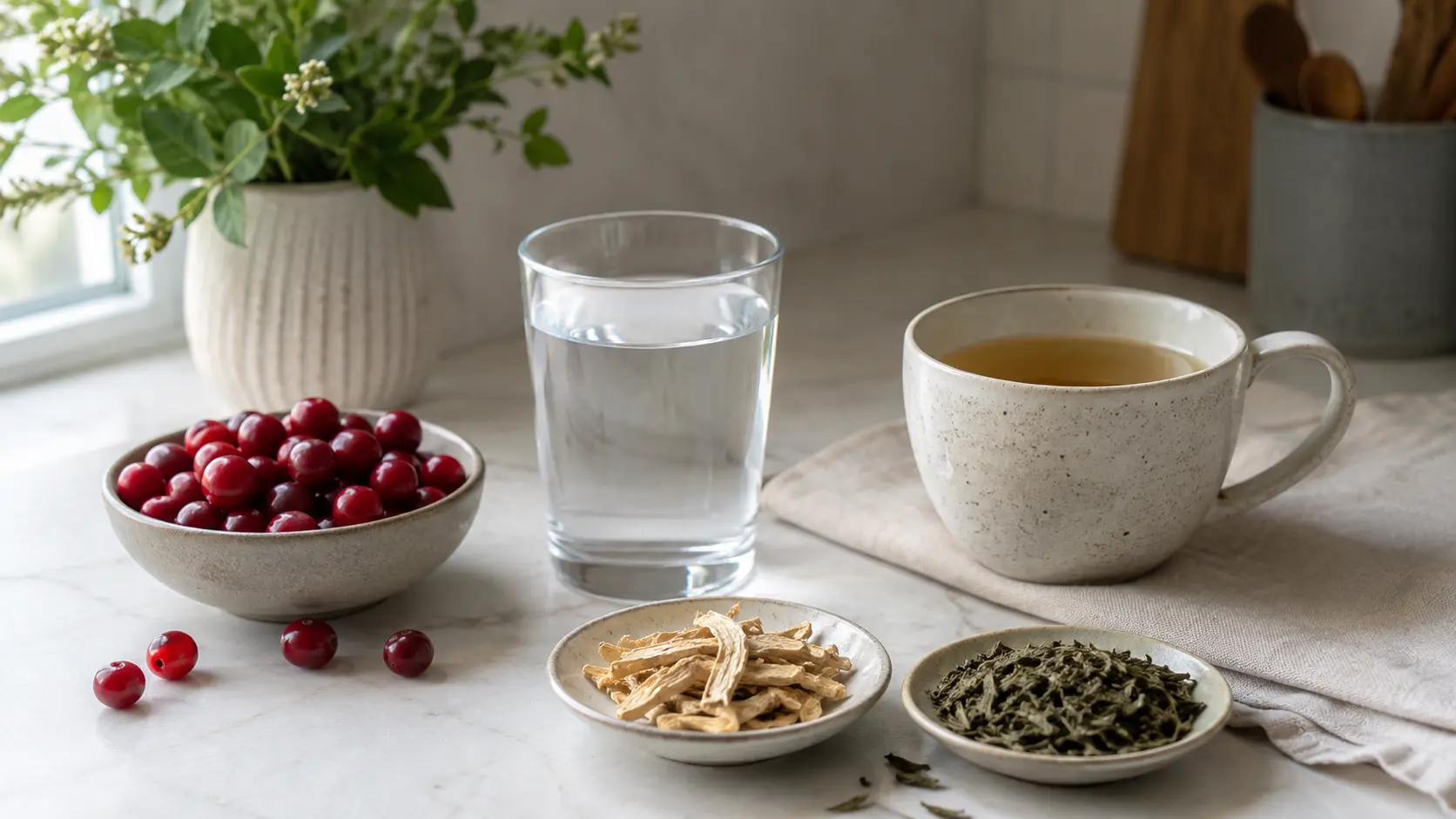 Cranberries, water, and herbal tea arranged on a clean kitchen counter.