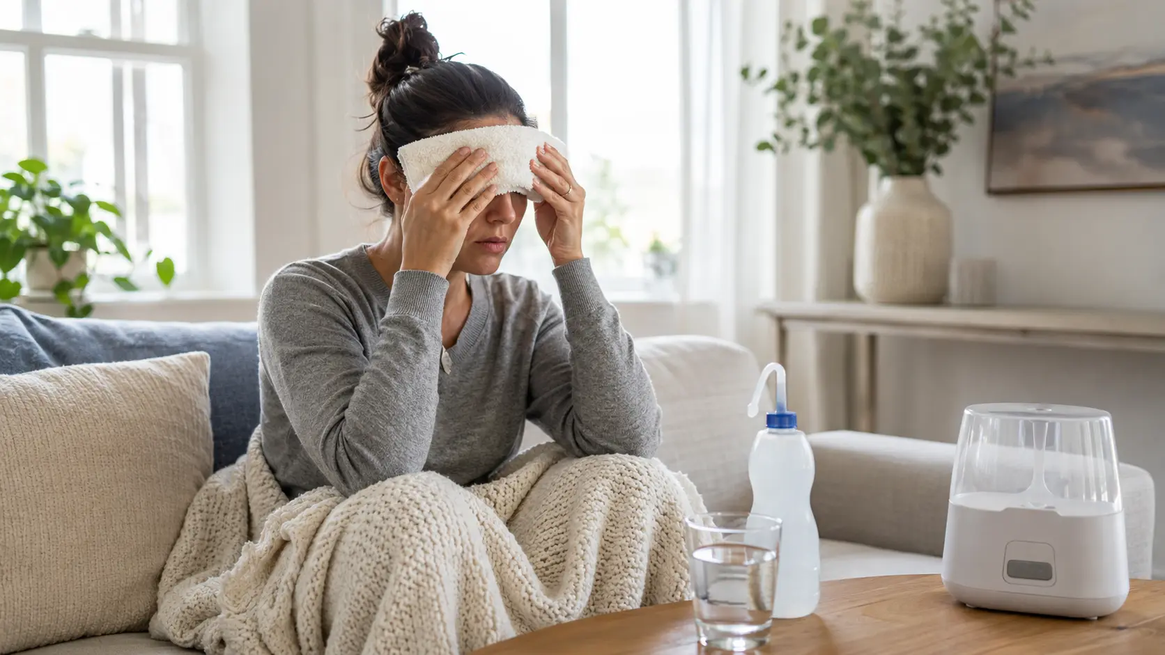 Adult using a warm compress at home for mild sinus pressure with saline rinse and water nearby.