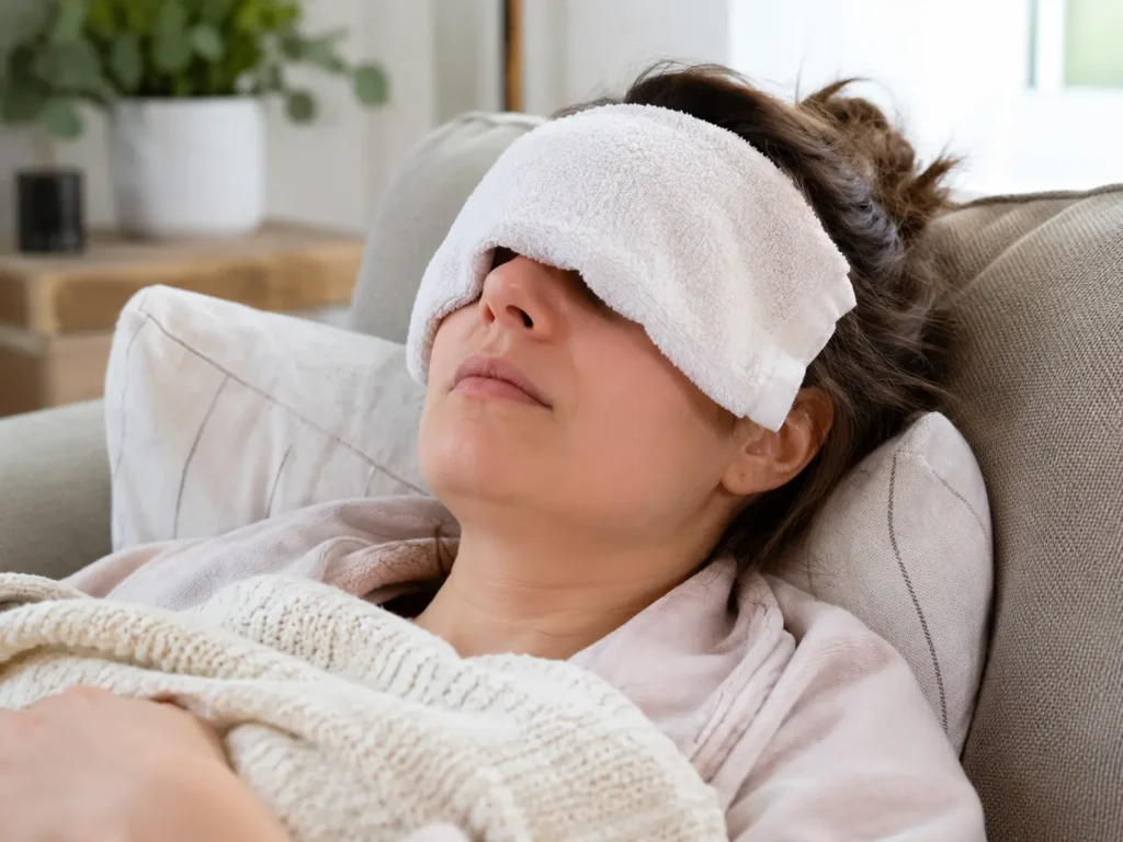 Person resting with a warm moist washcloth across the forehead and cheeks for facial pressure.