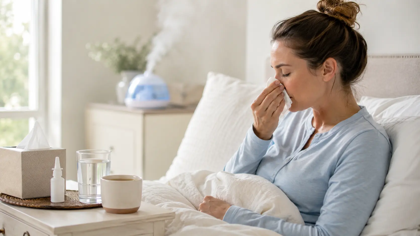 Saline nasal spray, warm tea, water, and tissues arranged for post-nasal drip self-care.