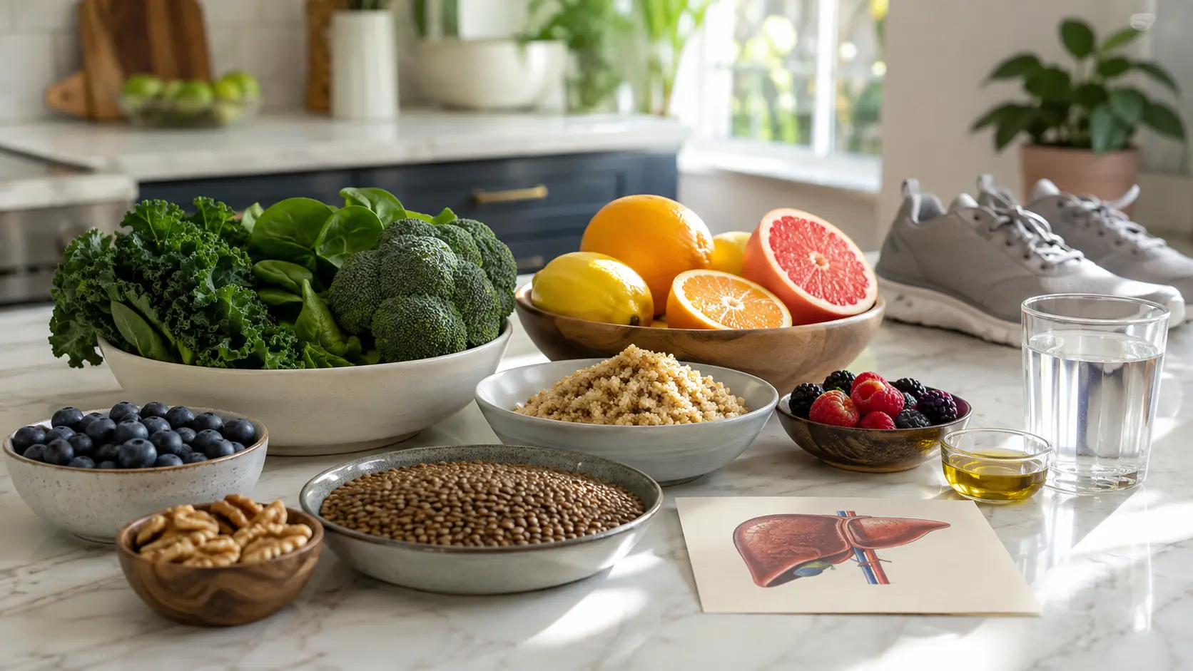 Balanced whole foods, water, and walking shoes representing healthy daily habits that support liver health.