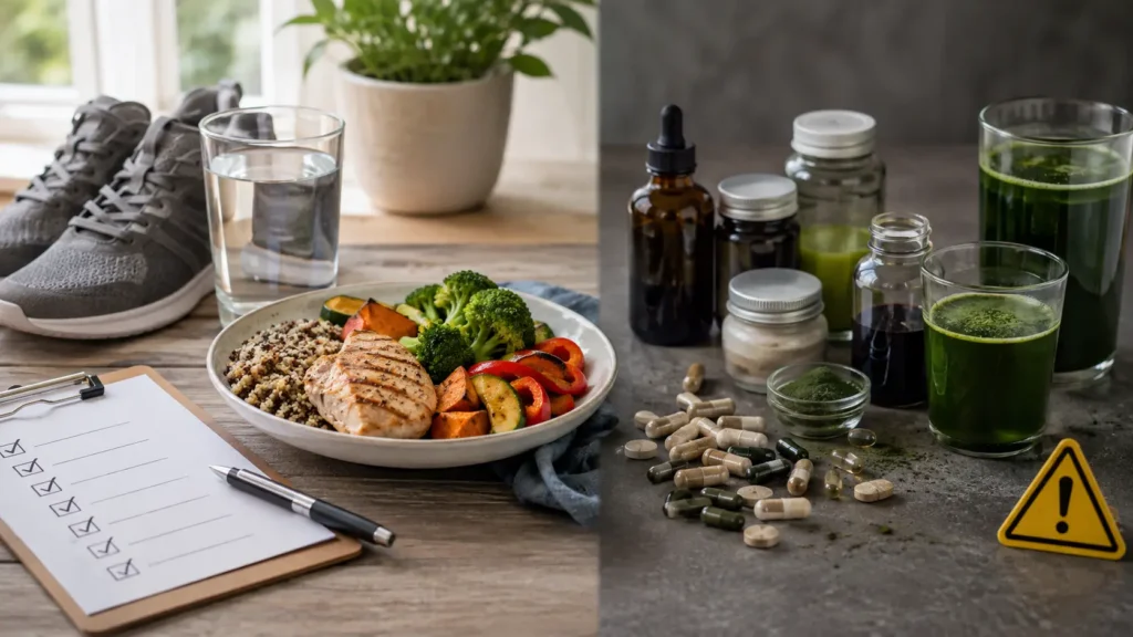 Comparison of balanced health habits with unproven detox supplements and extreme cleanses.