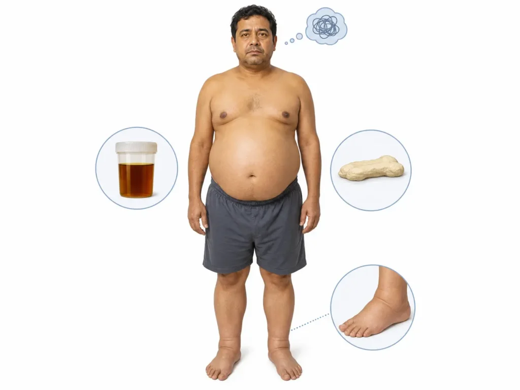 Illustration of liver warning signs including jaundice, dark urine, abdominal swelling, and confusion.