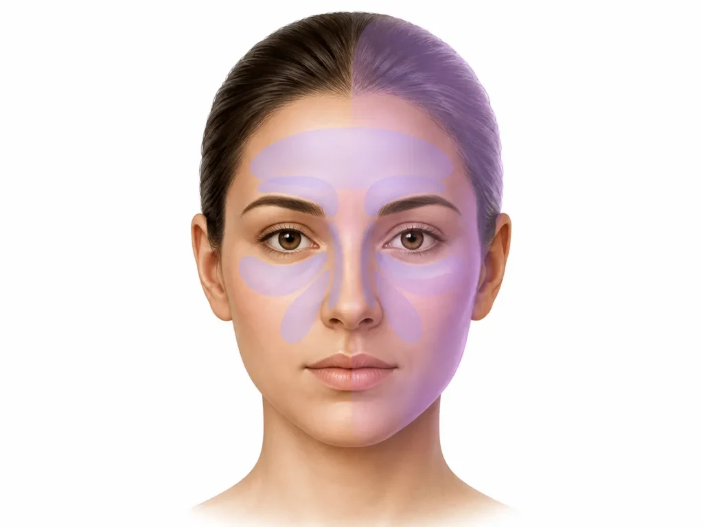 Illustration showing overlapping areas where sinus-related facial pressure and migraine discomfort may be experienced.