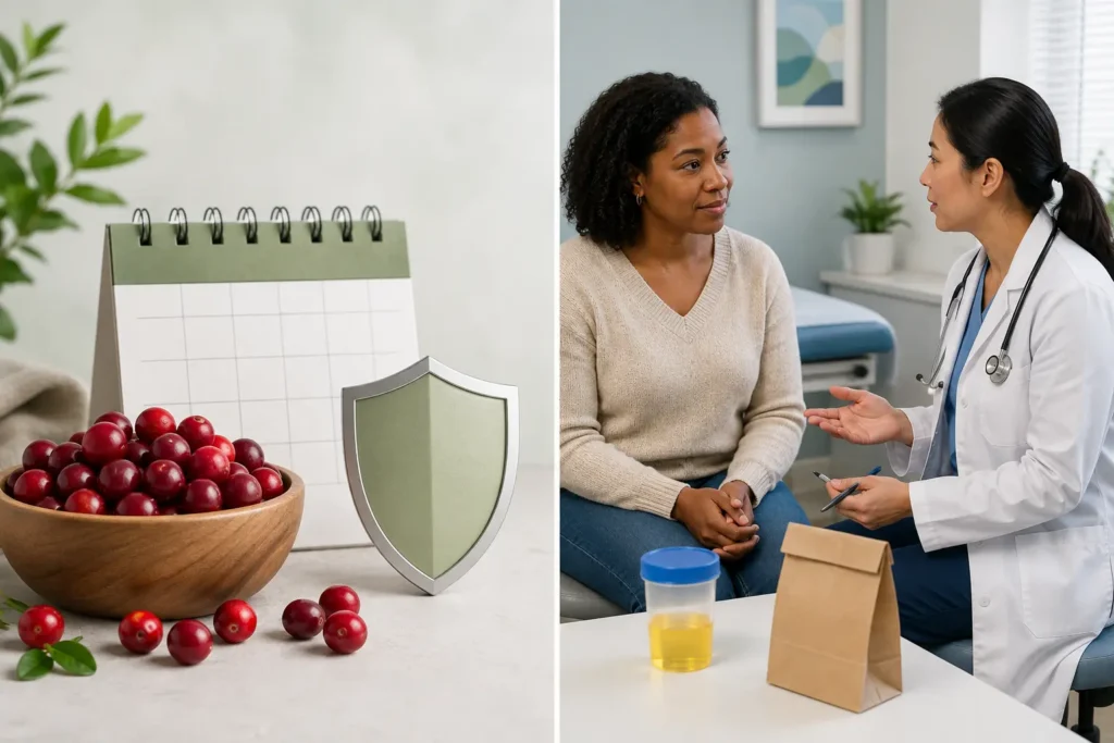 Visual comparison of cranberry prevention support and clinical treatment for an active UTI.