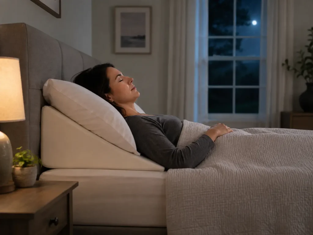 Person sleeping with the upper body gently elevated to reduce nighttime discomfort.