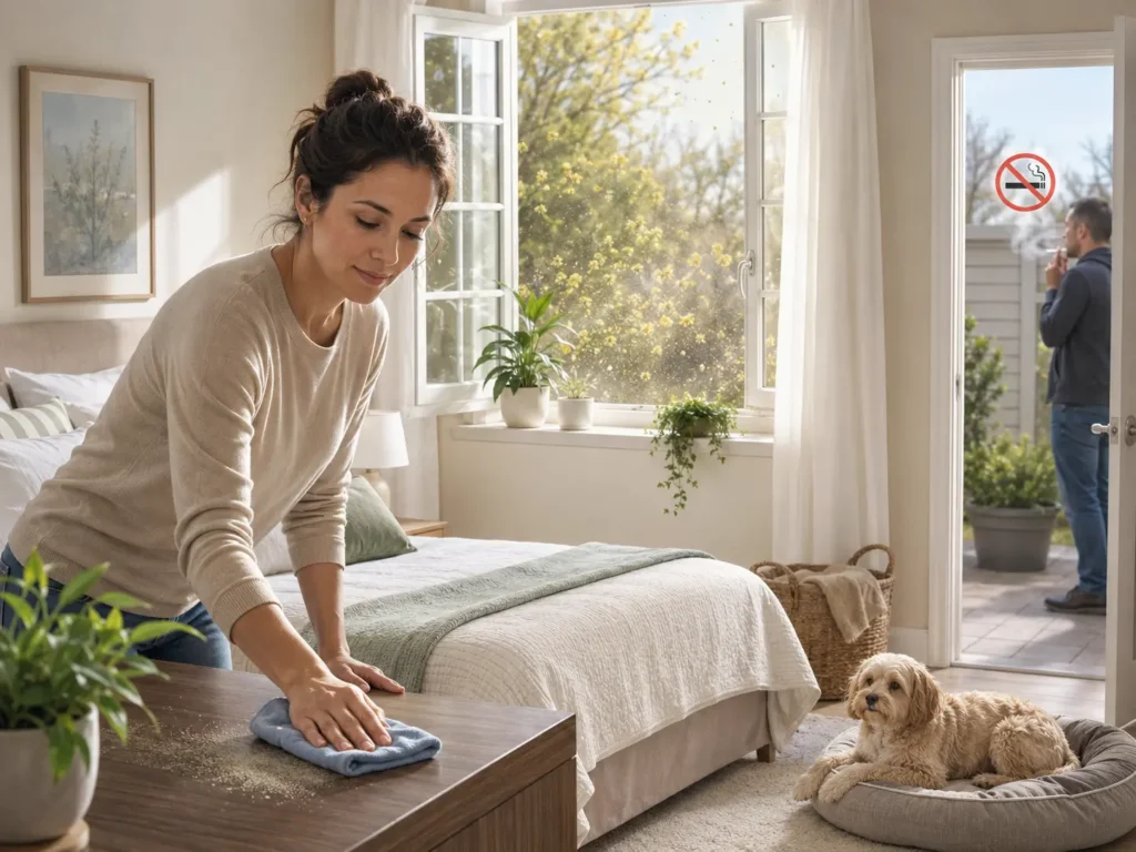 Common nasal irritants and allergy triggers including pollen, dust, pets, and smoke.
