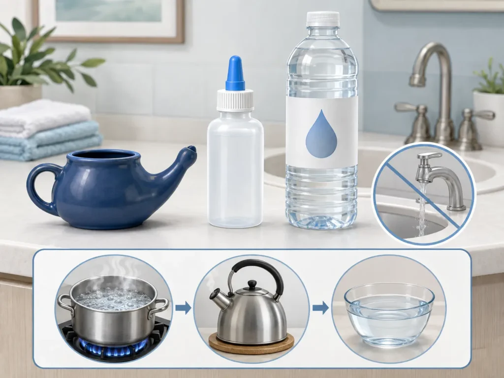 Safe nasal-rinse setup using distilled or previously boiled and cooled water.