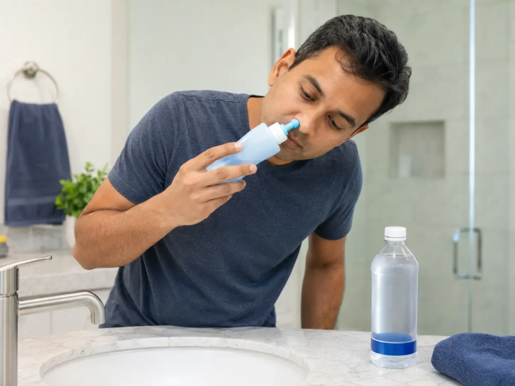 Adult safely using a saline nasal rinse over a bathroom sink with distilled water nearby.