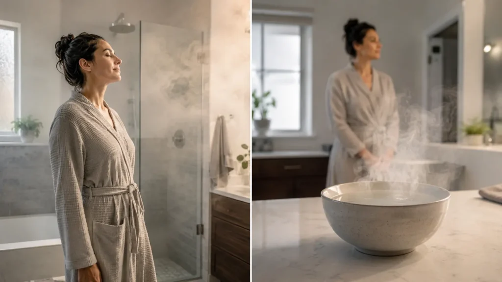 Safe warm shower humidity contrasted with avoiding direct exposure to a bowl of boiling water.