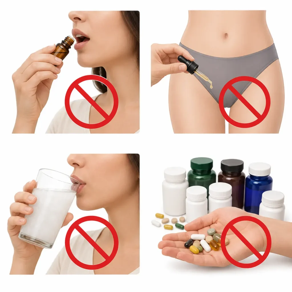 Warning illustration against swallowing essential oils, using baking soda, or combining multiple UTI supplements.