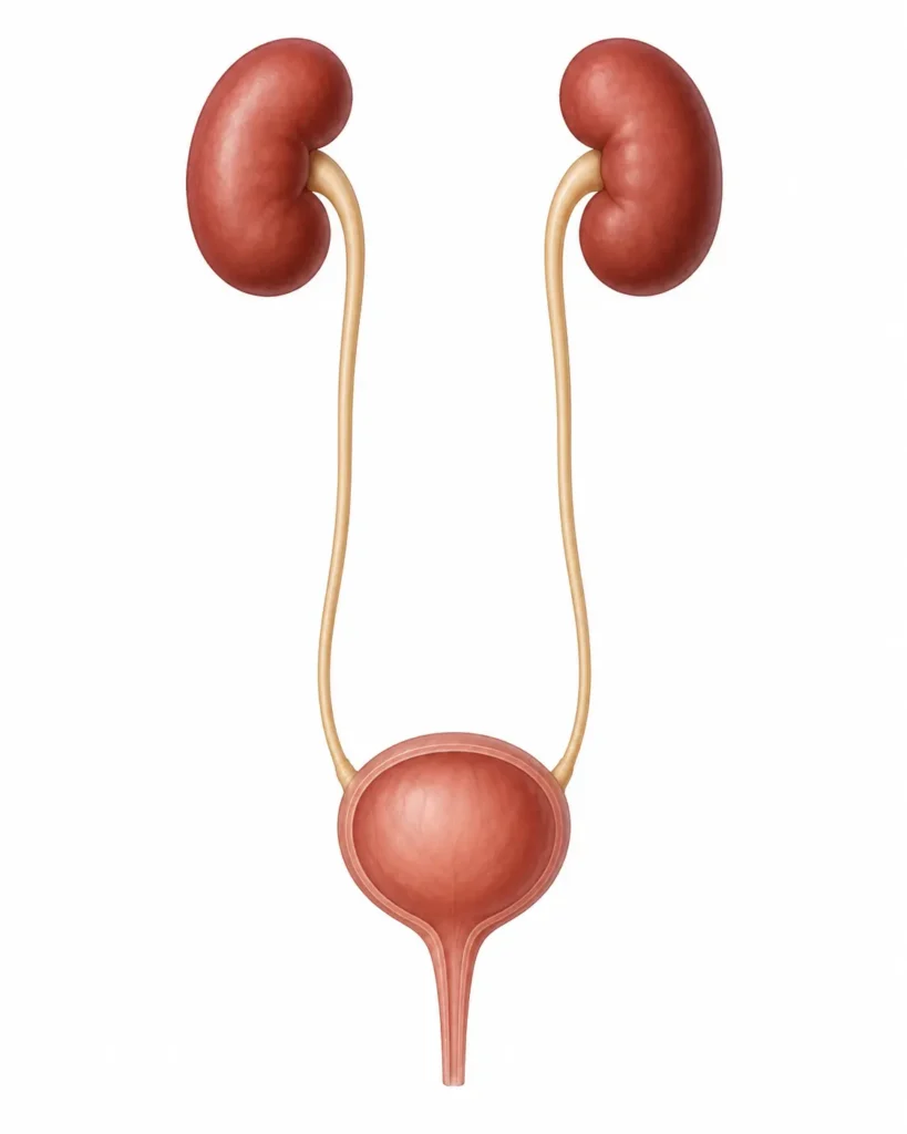 Illustration showing the kidneys, ureters, bladder, and urethra.